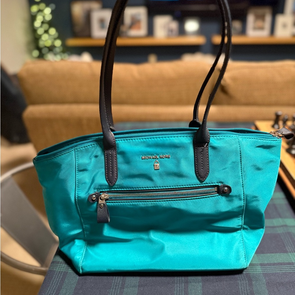 Michael Kors Turquoise Nylon Tote with Black Straps